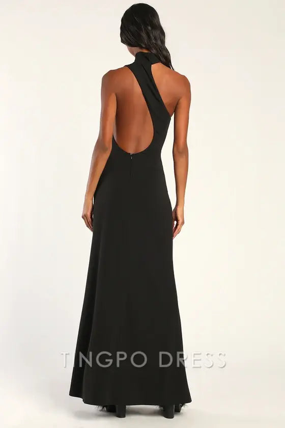 TingPo Wholesale Signature Elegance Keep It Interesting Black Asymmetrical Cutout Halter Maxi Dress formal wear dresses