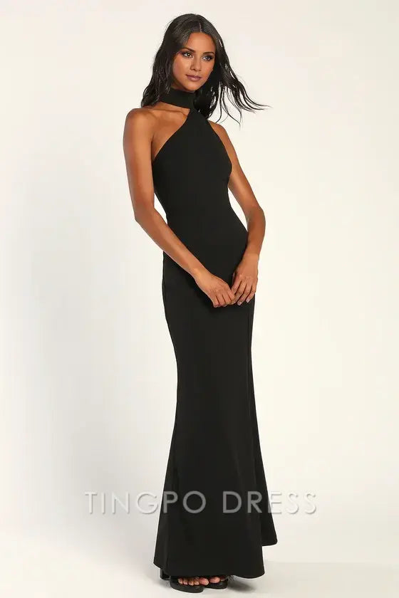 TingPo Wholesale Signature Elegance Keep It Interesting Black Asymmetrical Cutout Halter Maxi Dress formal wear dresses