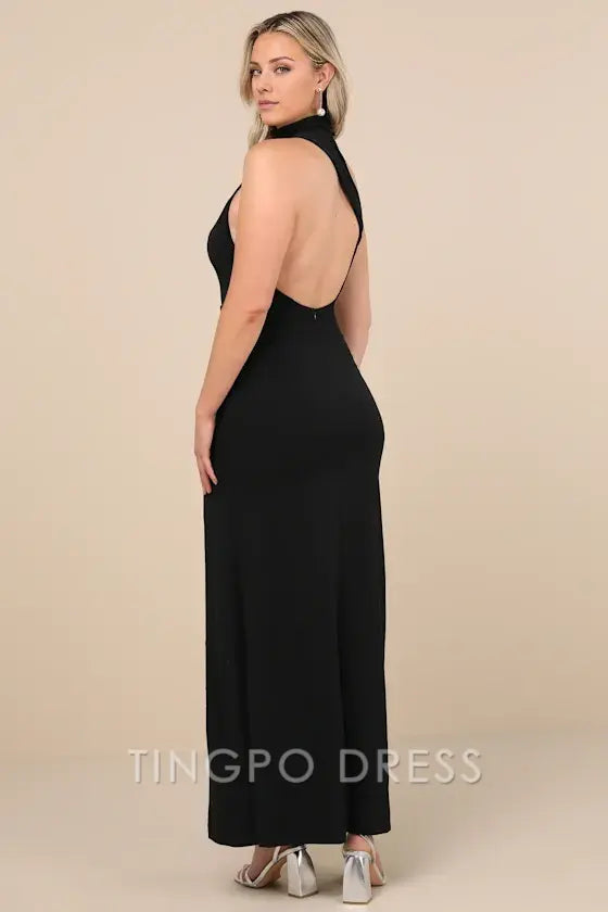 TingPo Wholesale Signature Elegance Keep It Interesting Black Asymmetrical Cutout Halter Maxi Dress formal wear dresses