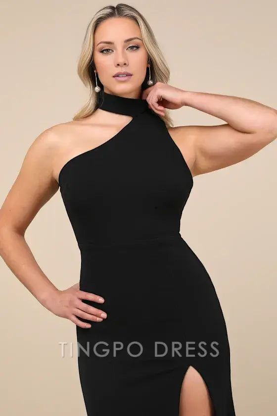 TingPo Wholesale Signature Elegance Keep It Interesting Black Asymmetrical Cutout Halter Maxi Dress formal wear dresses