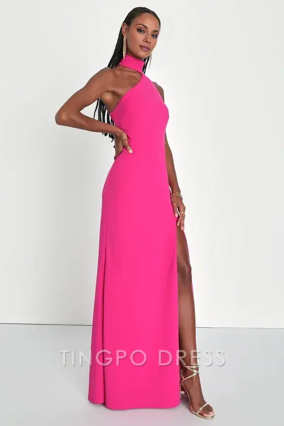 TingPo Wholesale Signature Elegance Keep It Interesting Hot Pink Asymmetrical Halter Maxi Dress formal wear dresses ﻿