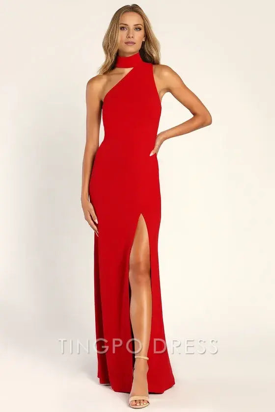 TingPo Wholesale Signature Elegance Keep It Interesting Red Asymmetrical Cutout Halter Maxi Dress formal wear dresses ﻿