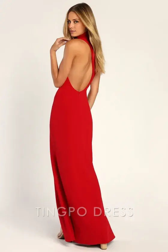 TingPo Wholesale Signature Elegance Keep It Interesting Red Asymmetrical Cutout Halter Maxi Dress formal wear dresses ﻿