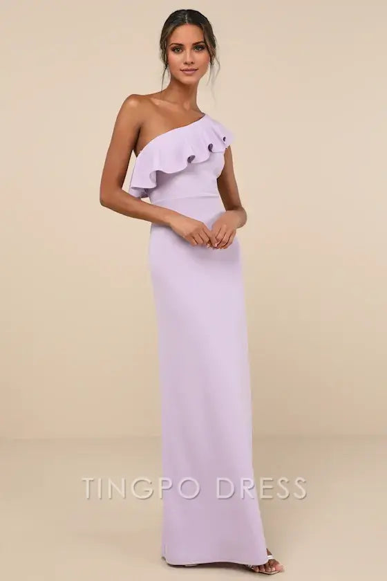 TingPo Wholesale Signature Elegance Last Forever Lavender One-Shoulder Ruffle Maxi Dress formal wear dresses
