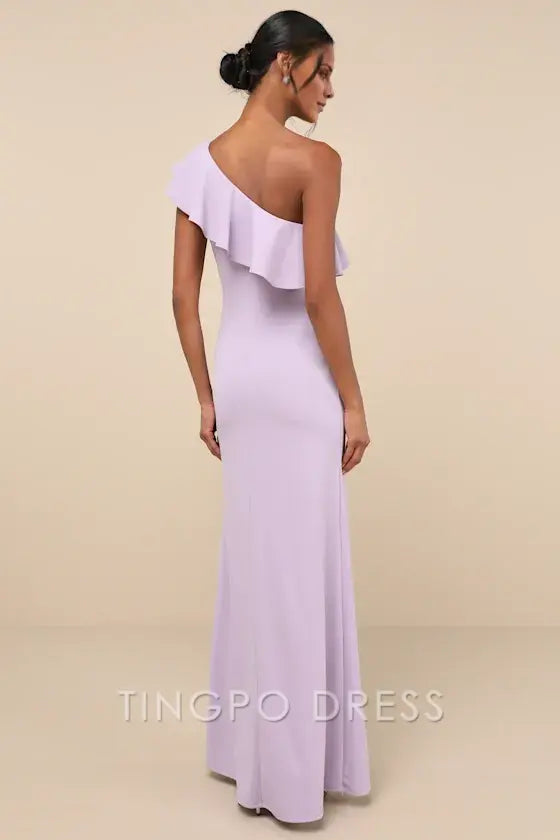 TingPo Wholesale Signature Elegance Last Forever Lavender One-Shoulder Ruffle Maxi Dress formal wear dresses