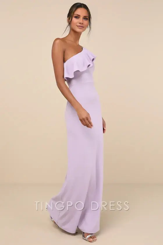 TingPo Wholesale Signature Elegance Last Forever Lavender One-Shoulder Ruffle Maxi Dress formal wear dresses