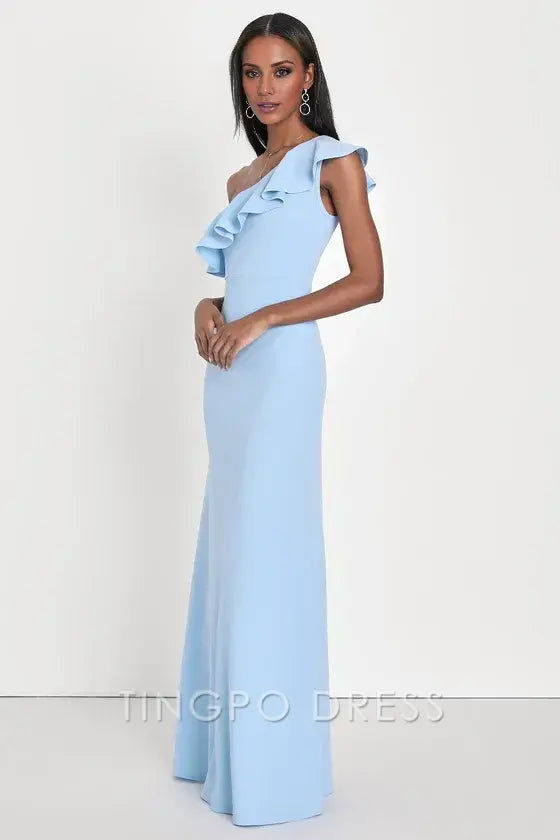 TingPo Wholesale Signature Elegance Last Forever Powder Blue One-Shoulder Ruffle Maxi Dress formal wear dresses