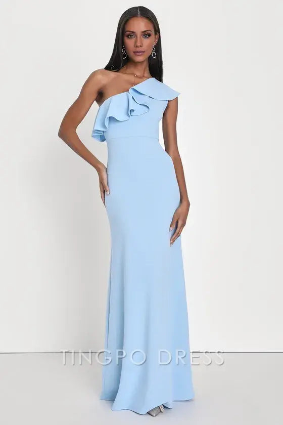 TingPo Wholesale Signature Elegance Last Forever Powder Blue One-Shoulder Ruffle Maxi Dress formal wear dresses
