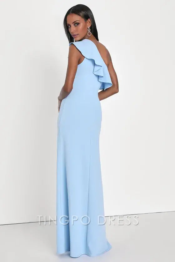 TingPo Wholesale Signature Elegance Last Forever Powder Blue One-Shoulder Ruffle Maxi Dress formal wear dresses