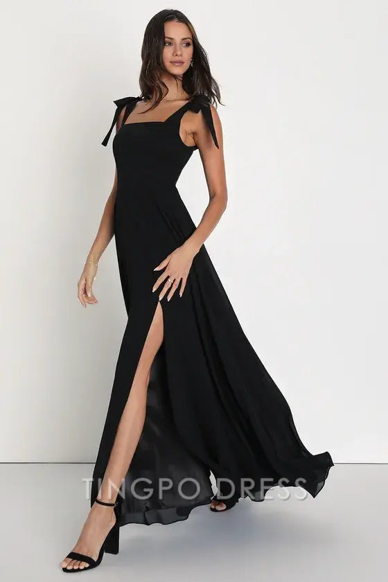 TingPo Wholesale Signature Elegance Love Me Forever Black Tie-Strap Square Neck Maxi Dress formal wear dresses