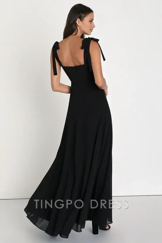 TingPo Wholesale Signature Elegance Love Me Forever Black Tie-Strap Square Neck Maxi Dress formal wear dresses