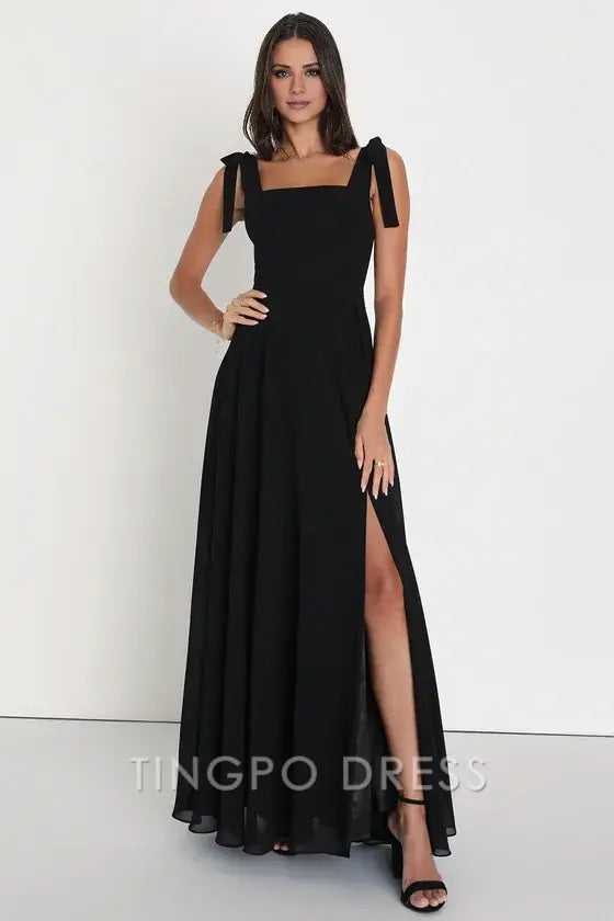 TingPo Wholesale Signature Elegance Love Me Forever Black Tie-Strap Square Neck Maxi Dress formal wear dresses
