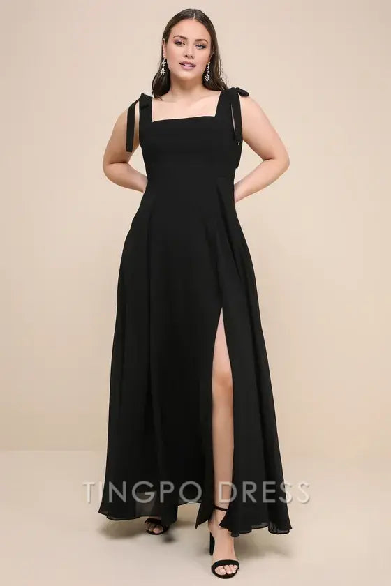 TingPo Wholesale Signature Elegance Love Me Forever Black Tie-Strap Square Neck Maxi Dress formal wear dresses
