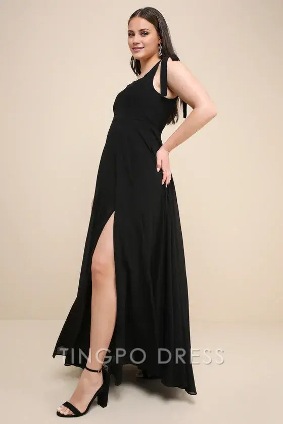 TingPo Wholesale Signature Elegance Love Me Forever Black Tie-Strap Square Neck Maxi Dress formal wear dresses