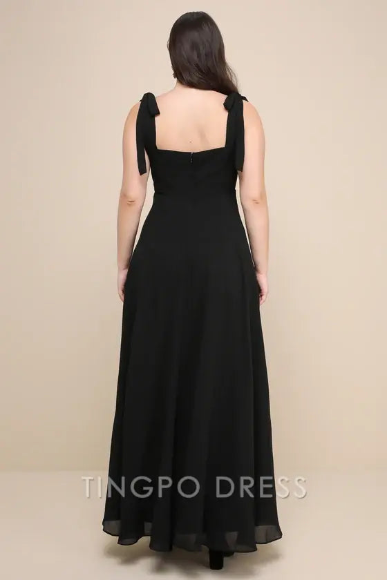 TingPo Wholesale Signature Elegance Love Me Forever Black Tie-Strap Square Neck Maxi Dress formal wear dresses