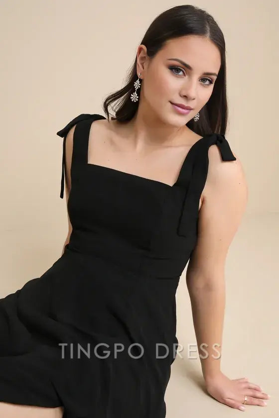 TingPo Wholesale Signature Elegance Love Me Forever Black Tie-Strap Square Neck Maxi Dress formal wear dresses