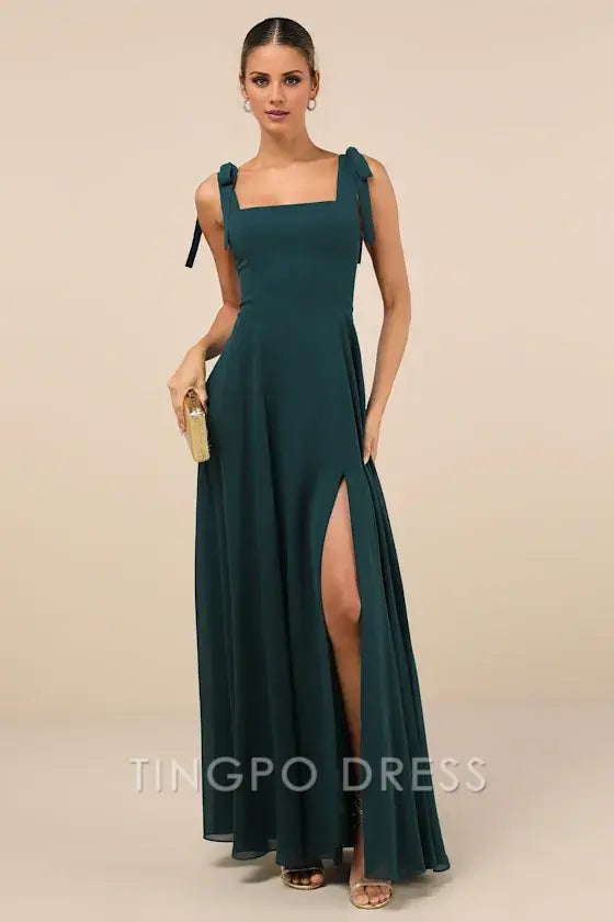 TingPo Wholesale Signature Elegance Love Me Forever Emerald Green Tie-Strap Square Neck Maxi Dress formal wear dresses