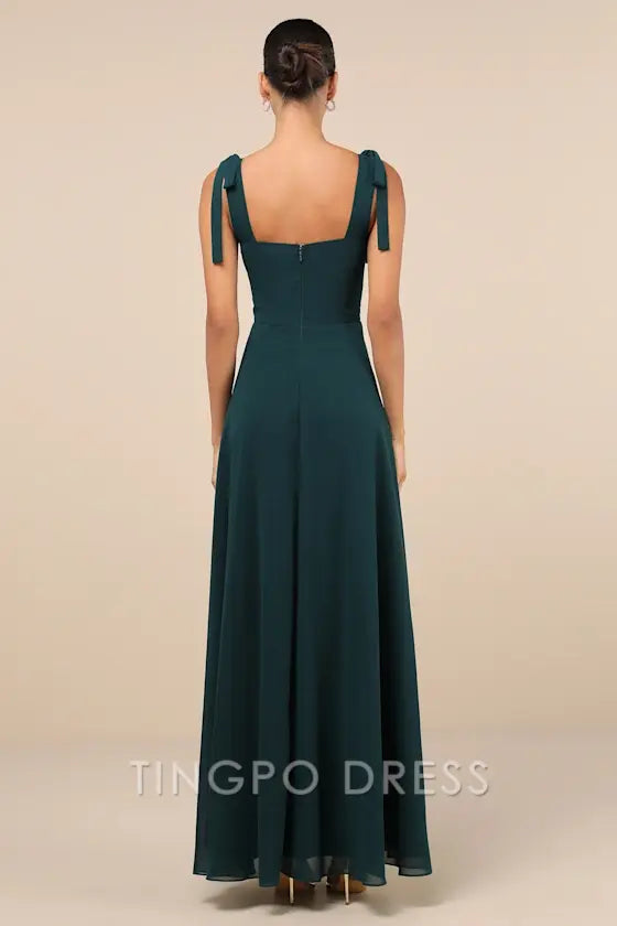 TingPo Wholesale Signature Elegance Love Me Forever Emerald Green Tie-Strap Square Neck Maxi Dress formal wear dresses