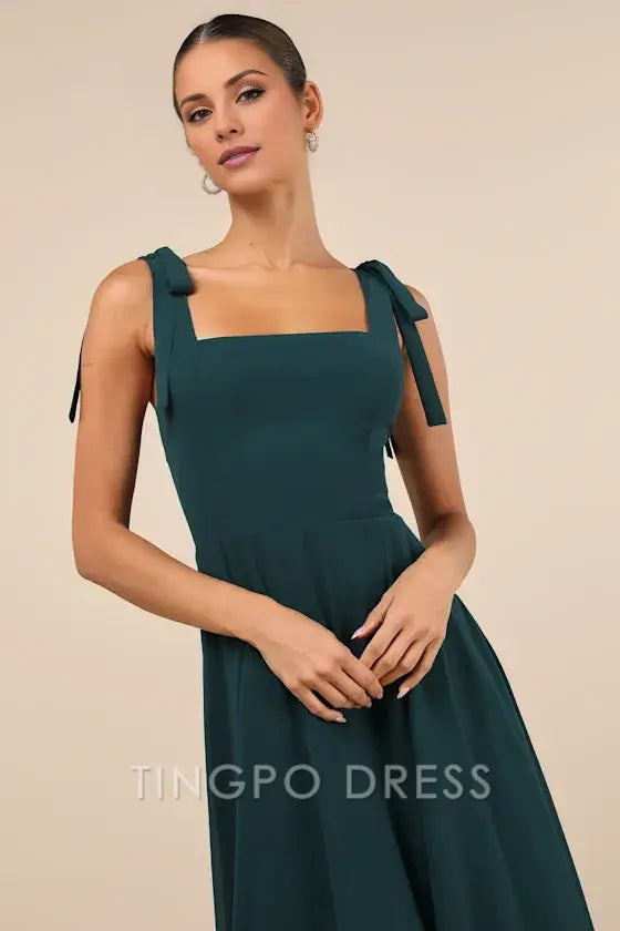 TingPo Wholesale Signature Elegance Love Me Forever Emerald Green Tie-Strap Square Neck Maxi Dress formal wear dresses