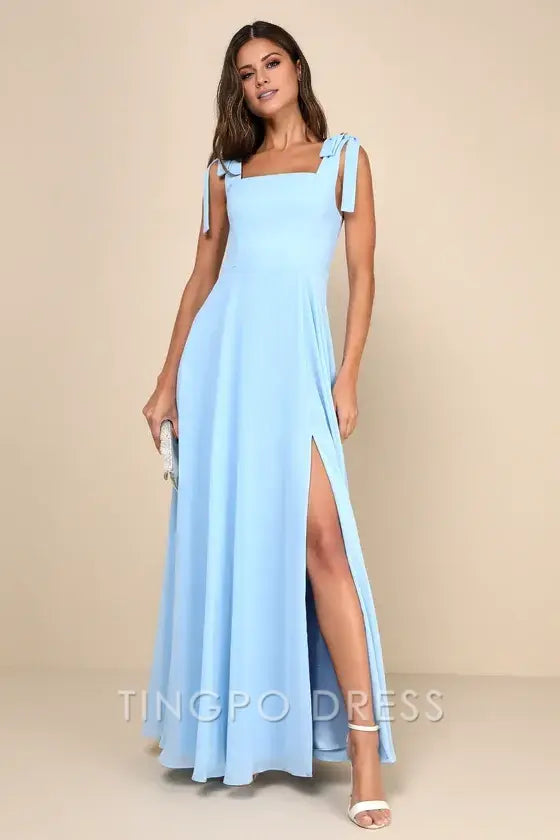 TingPo Wholesale Signature Elegance Love Me Forever Light Blue Tie-Strap Square Neck Maxi Dress formal wear dresses