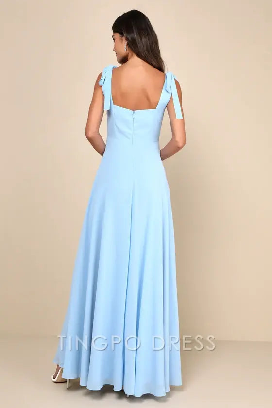 TingPo Wholesale Signature Elegance Love Me Forever Light Blue Tie-Strap Square Neck Maxi Dress formal wear dresses
