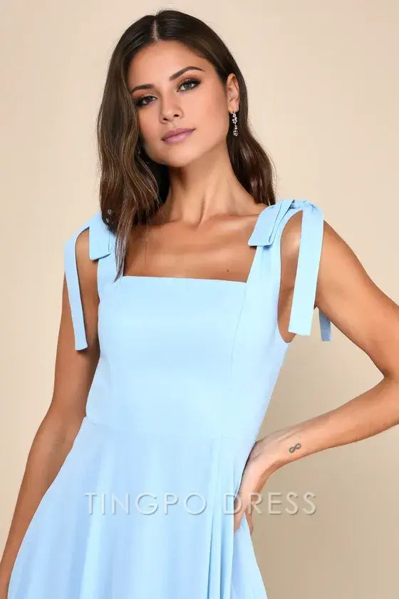 TingPo Wholesale Signature Elegance Love Me Forever Light Blue Tie-Strap Square Neck Maxi Dress formal wear dresses