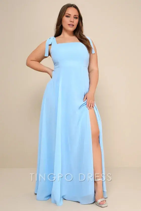 TingPo Wholesale Signature Elegance Love Me Forever Light Blue Tie-Strap Square Neck Maxi Dress formal wear dresses