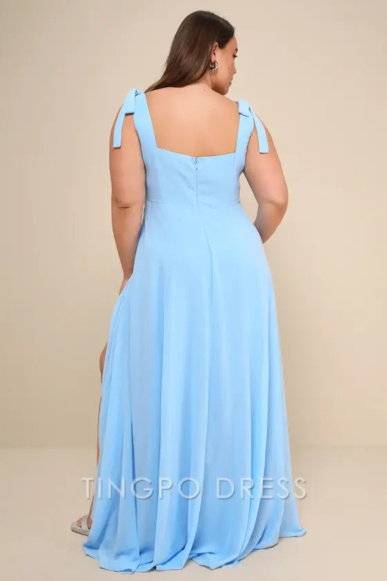 TingPo Wholesale Signature Elegance Love Me Forever Light Blue Tie-Strap Square Neck Maxi Dress formal wear dresses