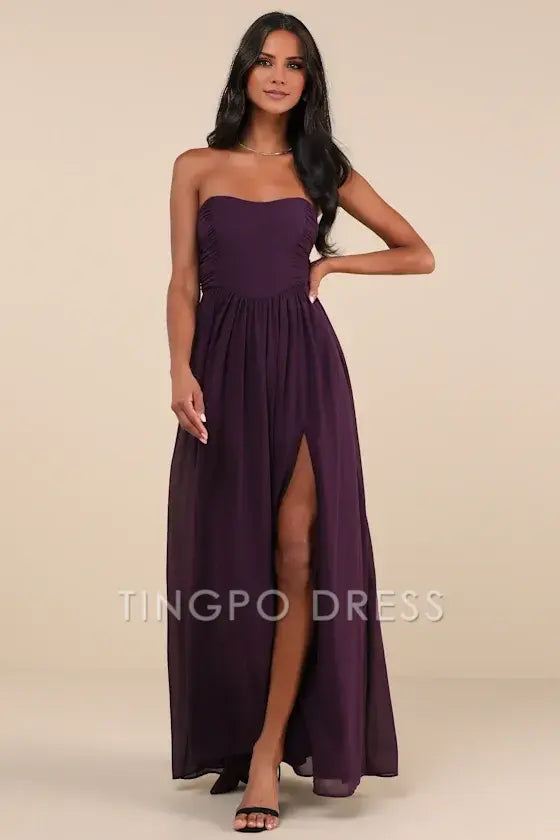 TingPo Wholesale Signature Elegance Luxe Favorite Dark Purple Strapless Ruched Maxi Dress formal wear dresses