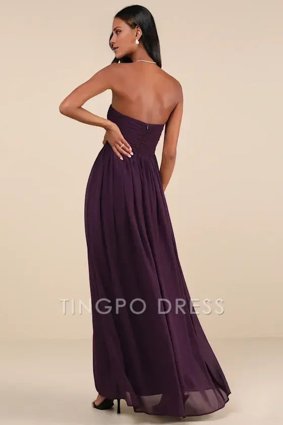 TingPo Wholesale Signature Elegance Luxe Favorite Dark Purple Strapless Ruched Maxi Dress formal wear dresses