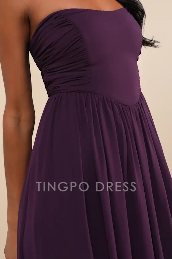 TingPo Wholesale Signature Elegance Luxe Favorite Dark Purple Strapless Ruched Maxi Dress formal wear dresses
