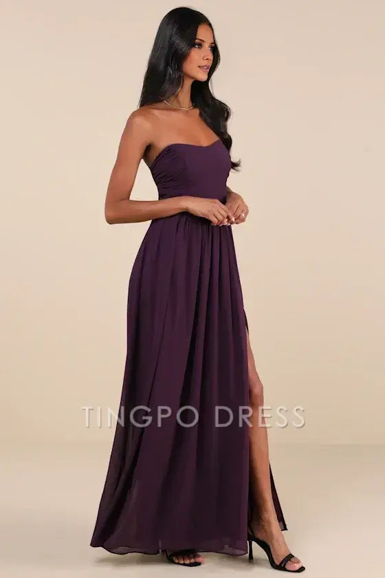 TingPo Wholesale Signature Elegance Luxe Favorite Dark Purple Strapless Ruched Maxi Dress formal wear dresses