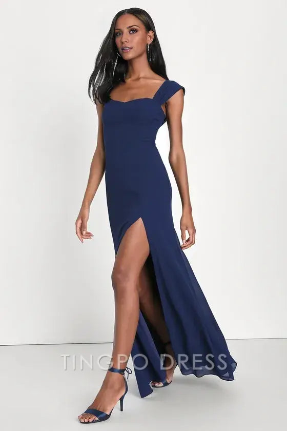 TingPo Wholesale Signature Elegance Magical Magnetism Navy Blue Off-the-Shoulder Maxi Dress formal wear dresses