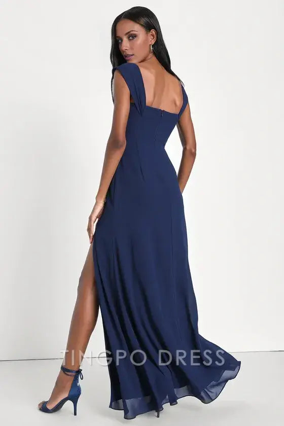 TingPo Wholesale Signature Elegance Magical Magnetism Navy Blue Off-the-Shoulder Maxi Dress formal wear dresses