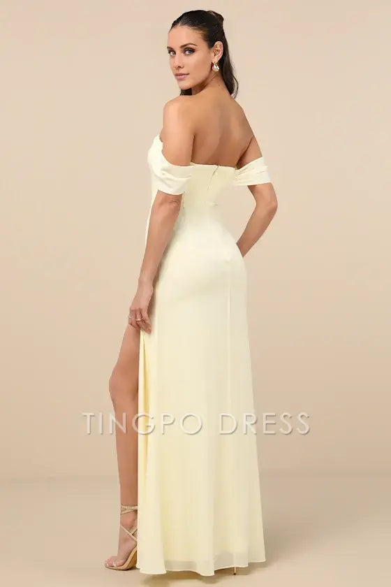 TingPo Wholesale Signature Elegance Magical Magnetism Pale Yellow Off-the-Shoulder Maxi Dress formal wear dresses