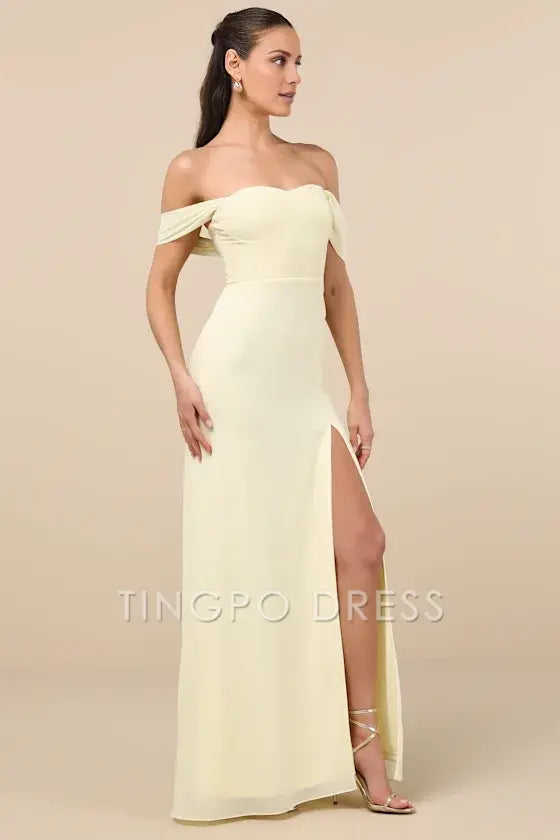 TingPo Wholesale Signature Elegance Magical Magnetism Pale Yellow Off-the-Shoulder Maxi Dress formal wear dresses
