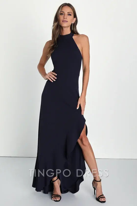 TingPo Wholesale Signature Elegance Majestic Perfection Navy Blue Ruffled Halter Maxi Dress formal wear dresses