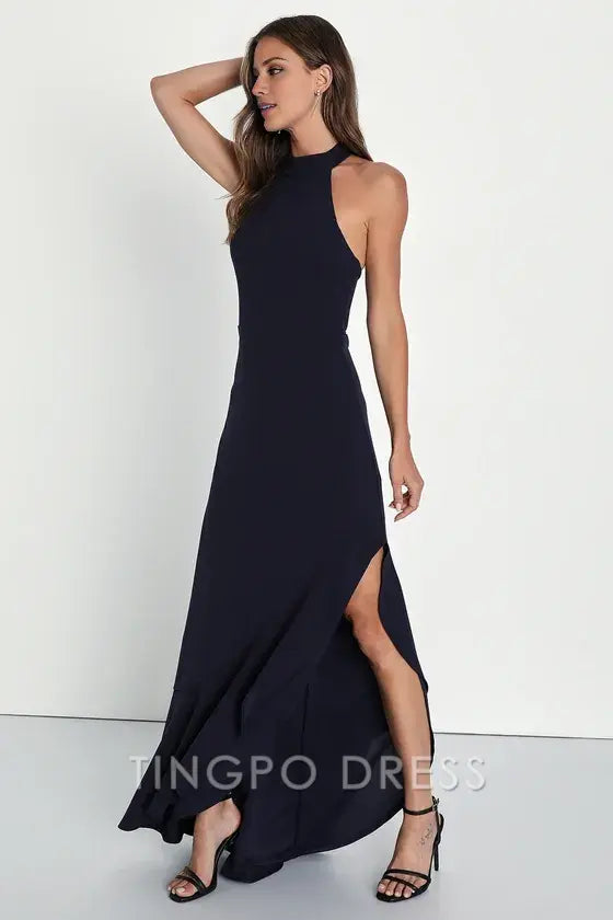TingPo Wholesale Signature Elegance Majestic Perfection Navy Blue Ruffled Halter Maxi Dress formal wear dresses