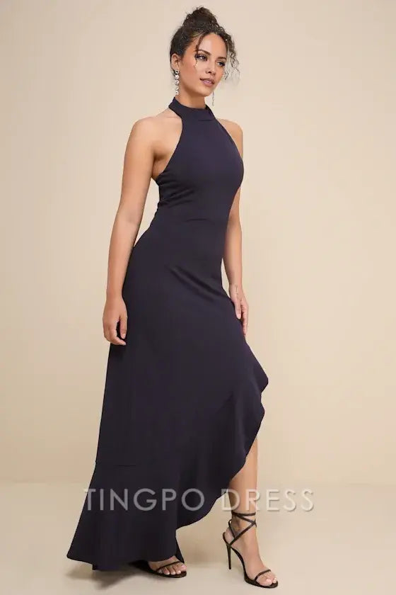 TingPo Wholesale Signature Elegance Majestic Perfection Navy Blue Ruffled Halter Maxi Dress formal wear dresses
