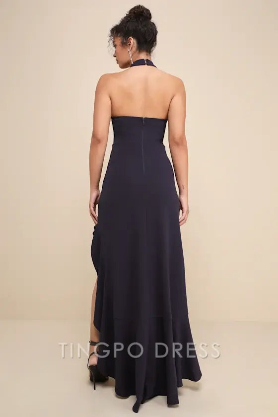 TingPo Wholesale Signature Elegance Majestic Perfection Navy Blue Ruffled Halter Maxi Dress formal wear dresses