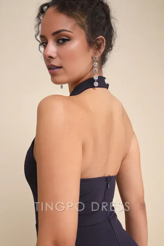 TingPo Wholesale Signature Elegance Majestic Perfection Navy Blue Ruffled Halter Maxi Dress formal wear dresses