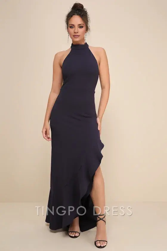 TingPo Wholesale Signature Elegance Majestic Perfection Navy Blue Ruffled Halter Maxi Dress formal wear dresses