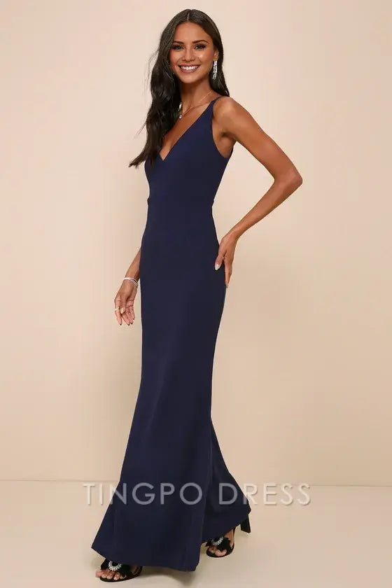 TingPo Wholesale Signature Elegance Melora Navy Blue Sleeveless Maxi Dress formal wear dresses