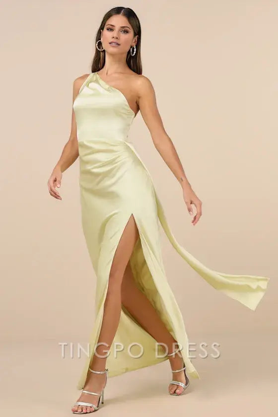 TingPo Wholesale Signature Elegance Pale Yellow Satin One-Shoulder Maxi Dress formal wear dresses