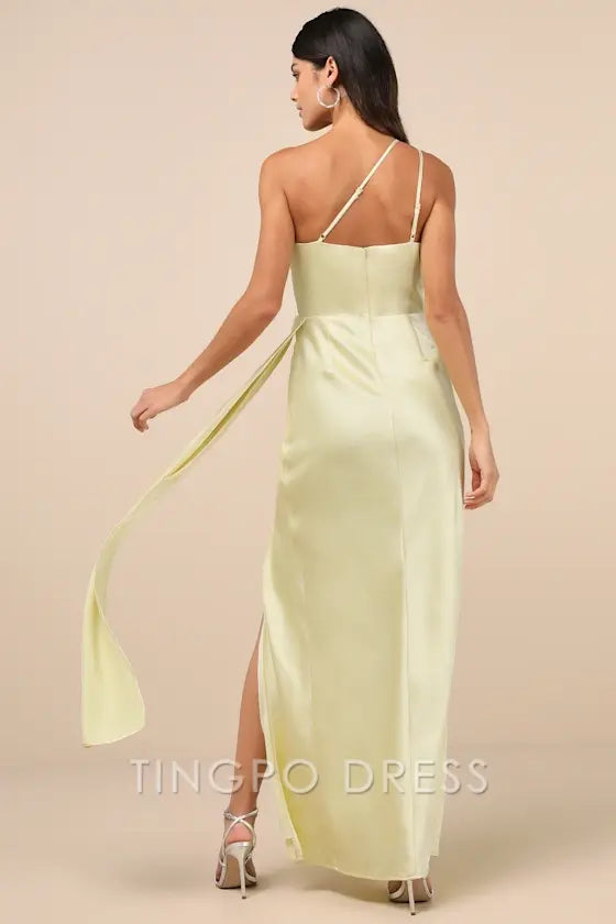 TingPo Wholesale Signature Elegance Pale Yellow Satin One-Shoulder Maxi Dress formal wear dresses
