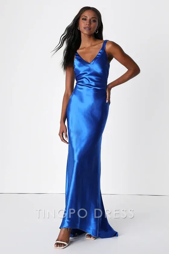 TingPo Wholesale Signature Elegance Perfectly Royal Blue Satin Strappy Maxi Dress formal wear dresses ﻿
