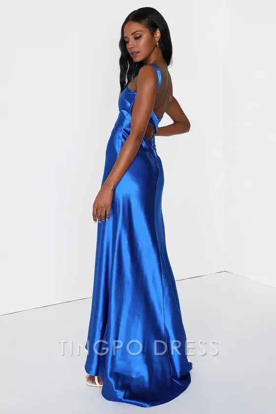 TingPo Wholesale Signature Elegance Perfectly Royal Blue Satin Strappy Maxi Dress formal wear dresses ﻿