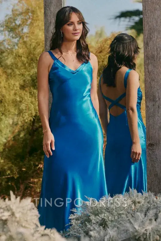 TingPo Wholesale Signature Elegance Perfectly Royal Blue Satin Strappy Maxi Dress formal wear dresses ﻿