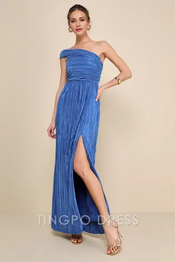 TingPo Wholesale Signature Elegance Poised Performance Blue Plisse One-Shoulder Maxi Dress formal wear dresses