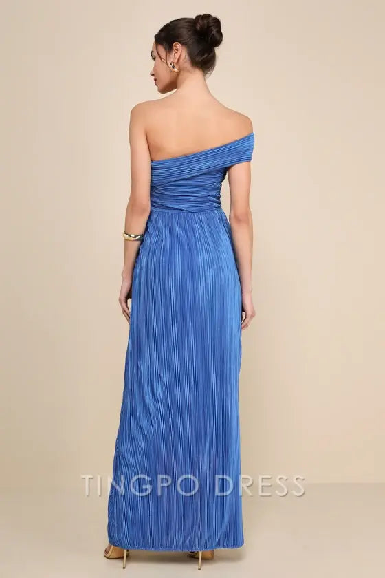TingPo Wholesale Signature Elegance Poised Performance Blue Plisse One-Shoulder Maxi Dress formal wear dresses